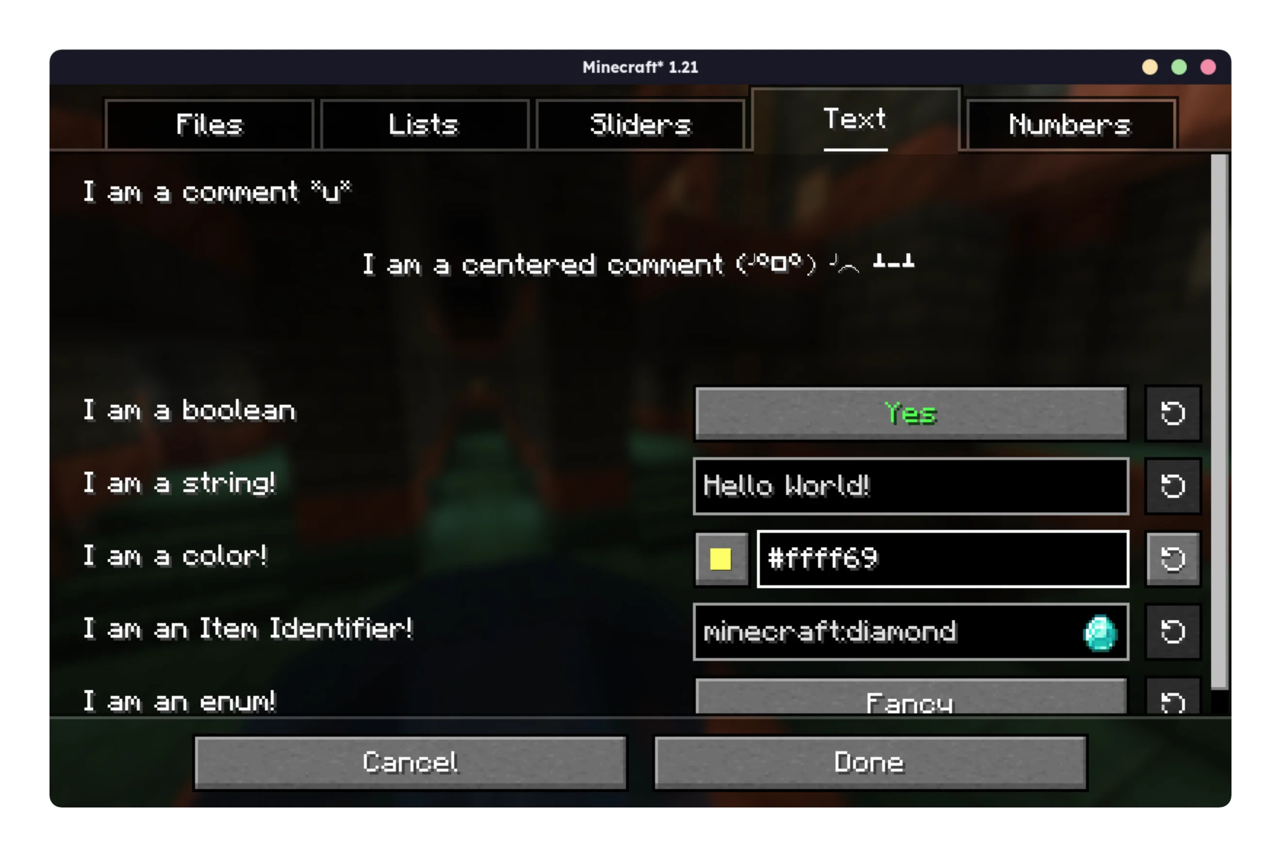 Экран конфигурации мода MidnightLib с вкладками настроек.