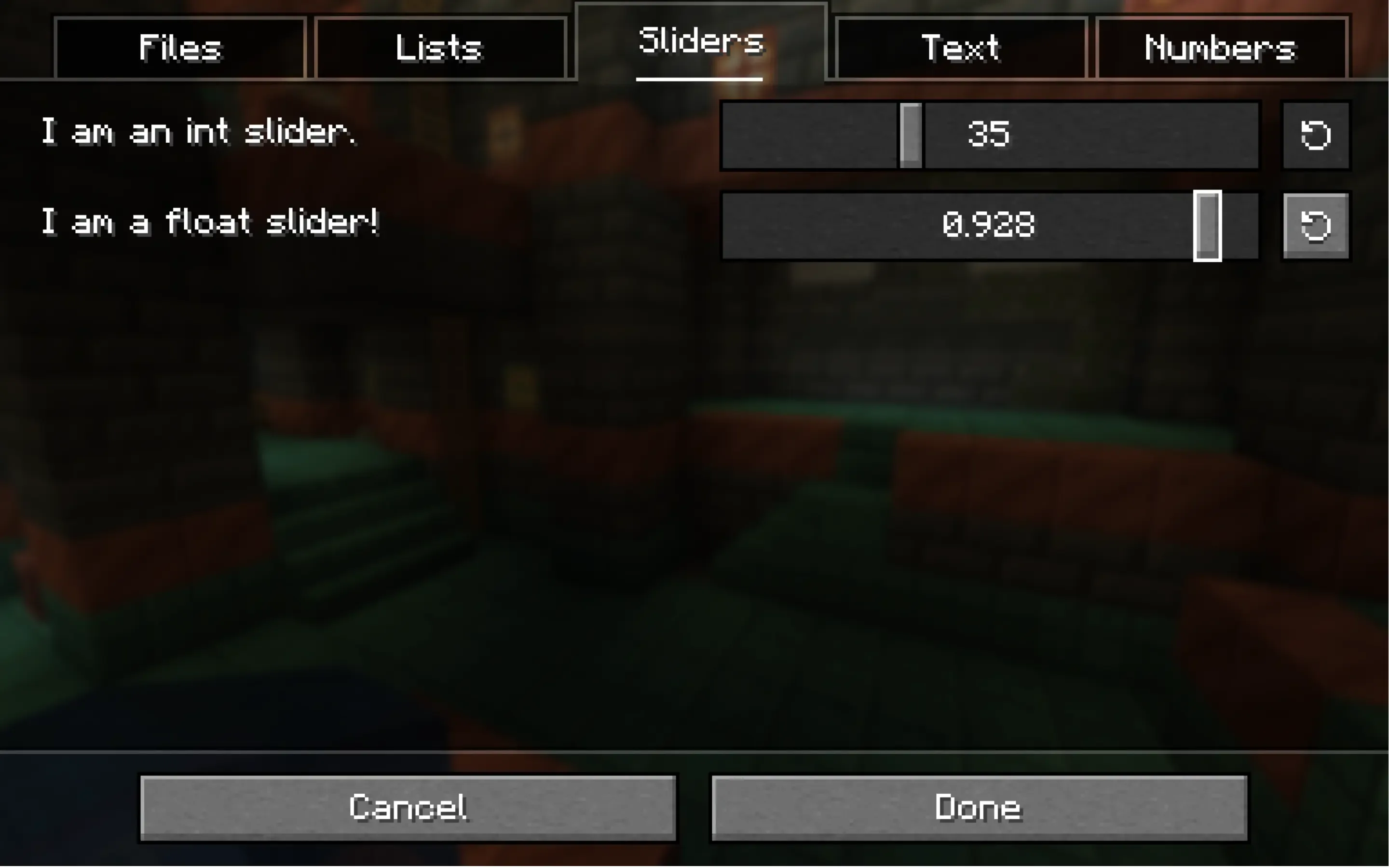 Демонстрация интерфейса библиотеки MidnightLib с ползунками для выбора числовых значений.