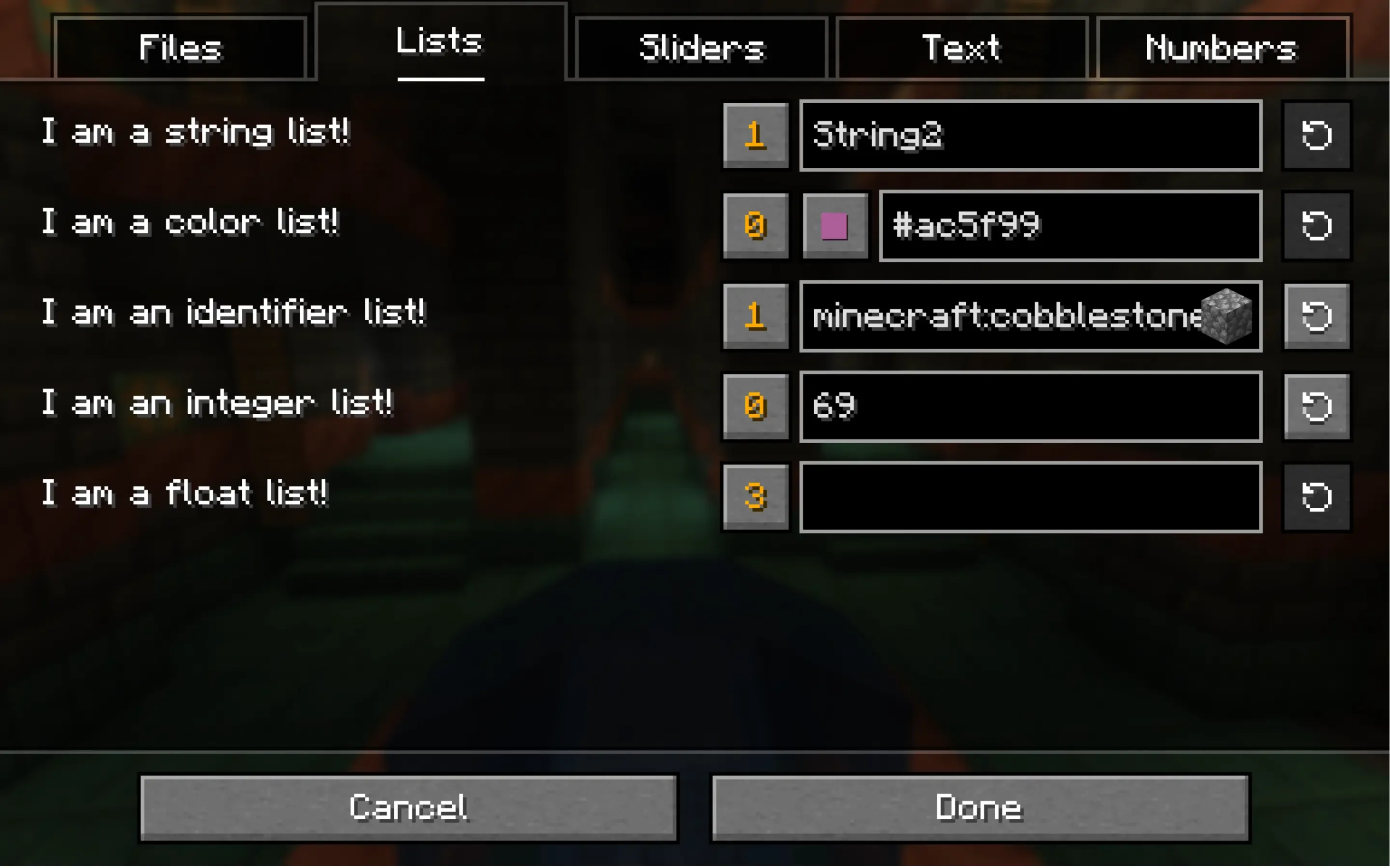 Интерфейс библиотеки MidnightLib для создания списков с различными типами данных.