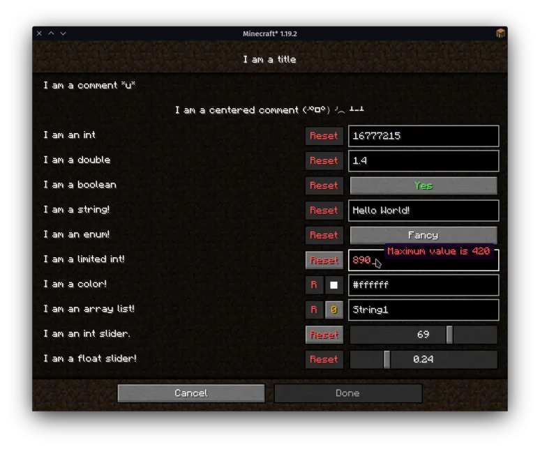 Экран настройки конфигурации MidnightLib.