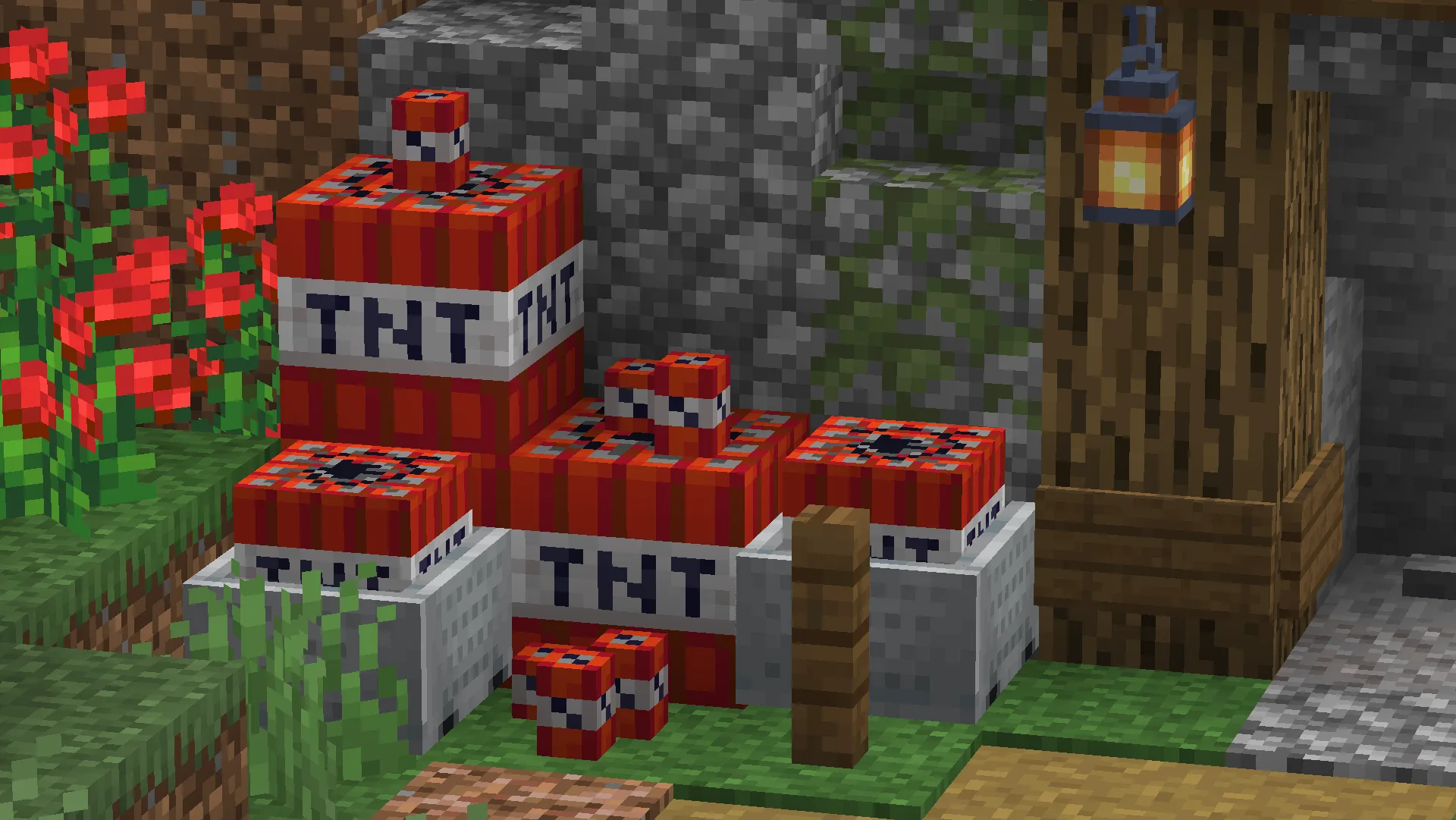 Ресурс-пак Dynamite: маленькие заряды динамита вокруг блока ТНТ у входа в шахту.