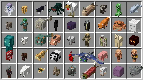 Вкладка творческого режима с яйцами призыва из мода Spawn Egg Models