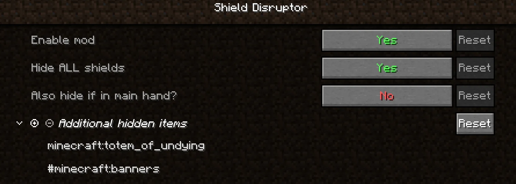 Экран конфигурации мода ShieldDisruptor