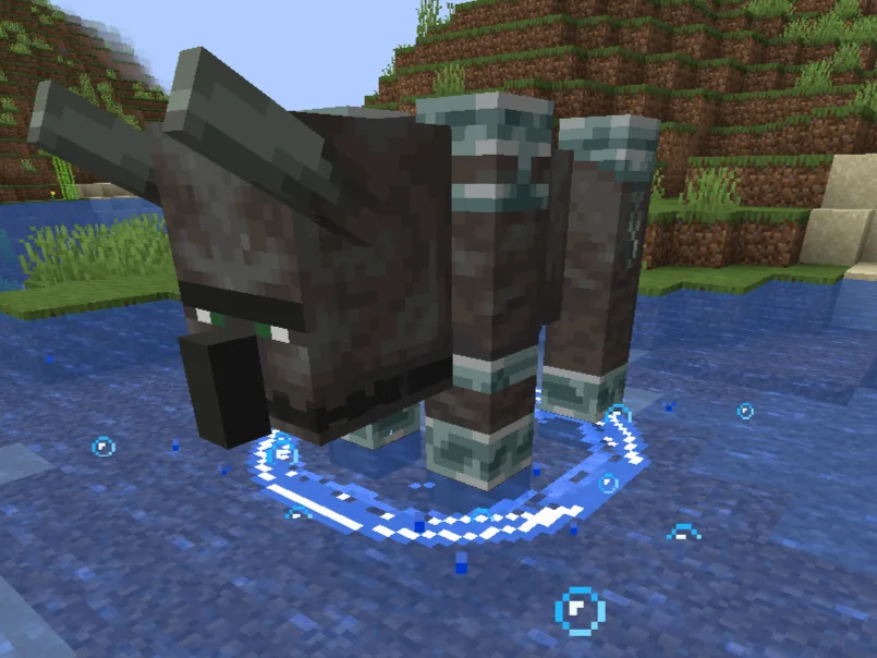 Изображение игрового процесса Minecraft: размер брызг воды зависит от размера сущности.