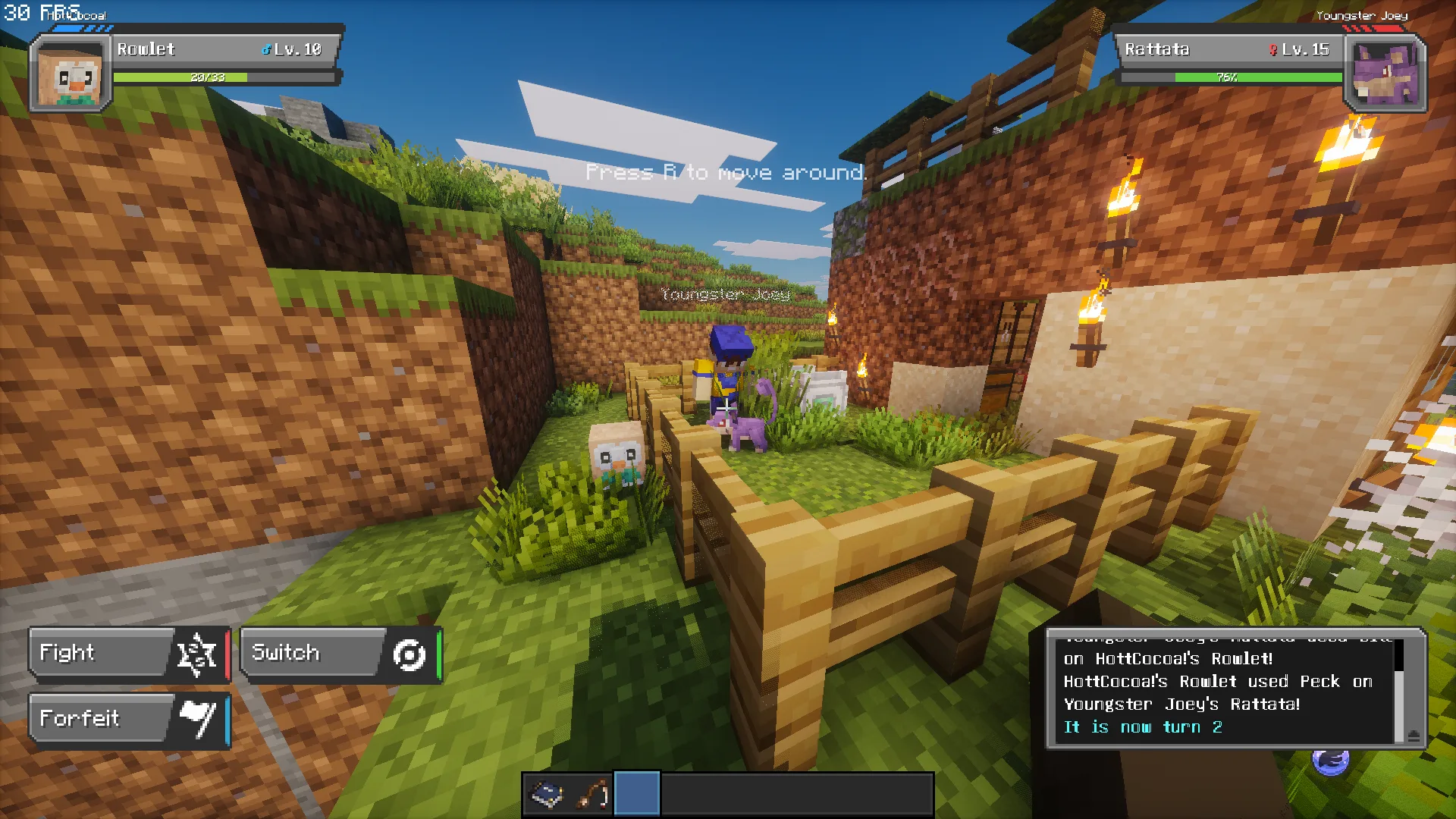 Битва с тренером Youngster John в Minecraft Cobblemon.