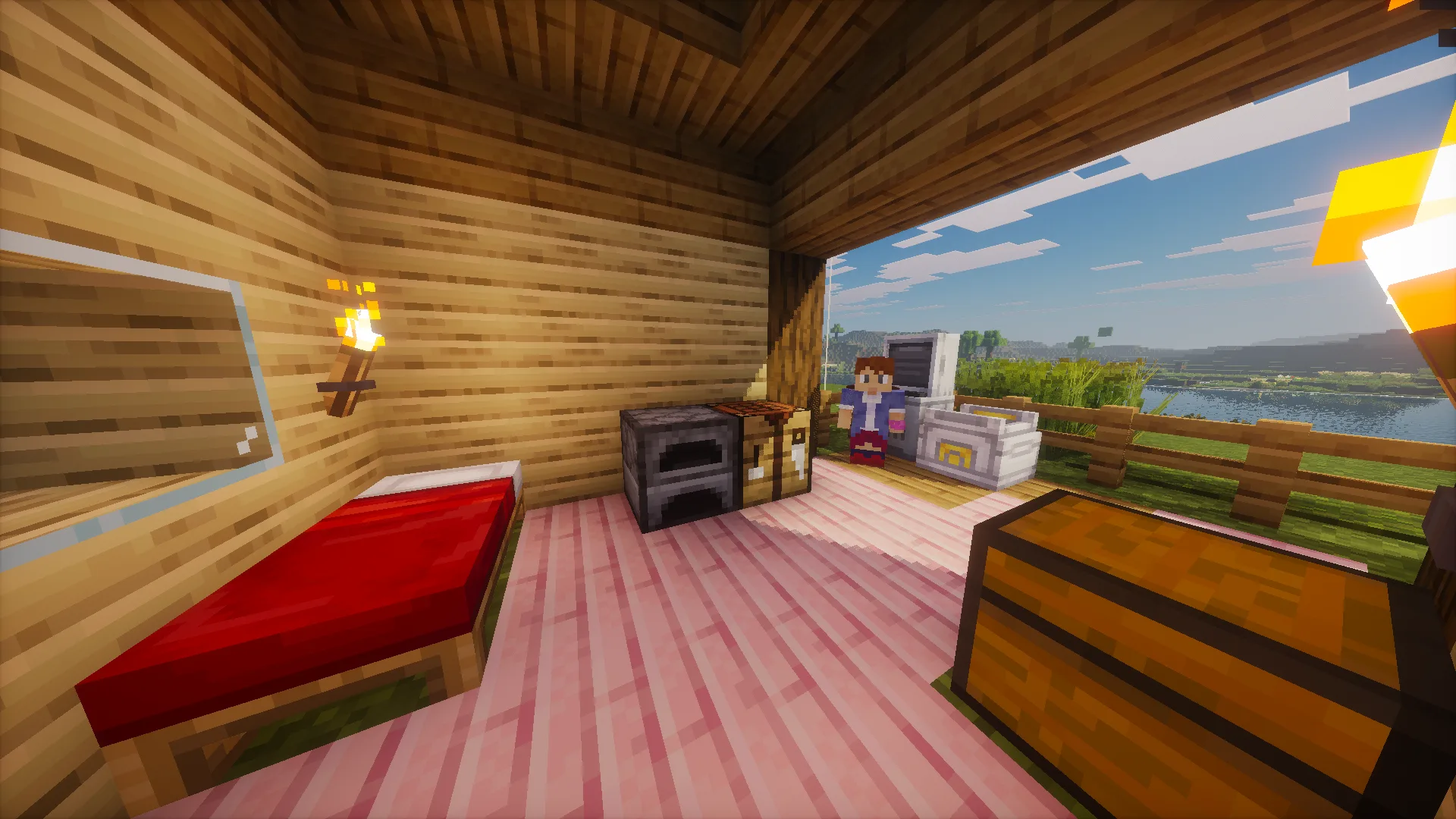 Интерьер дома тренера в Cobblemon с видимыми блоками травы под кроватью.