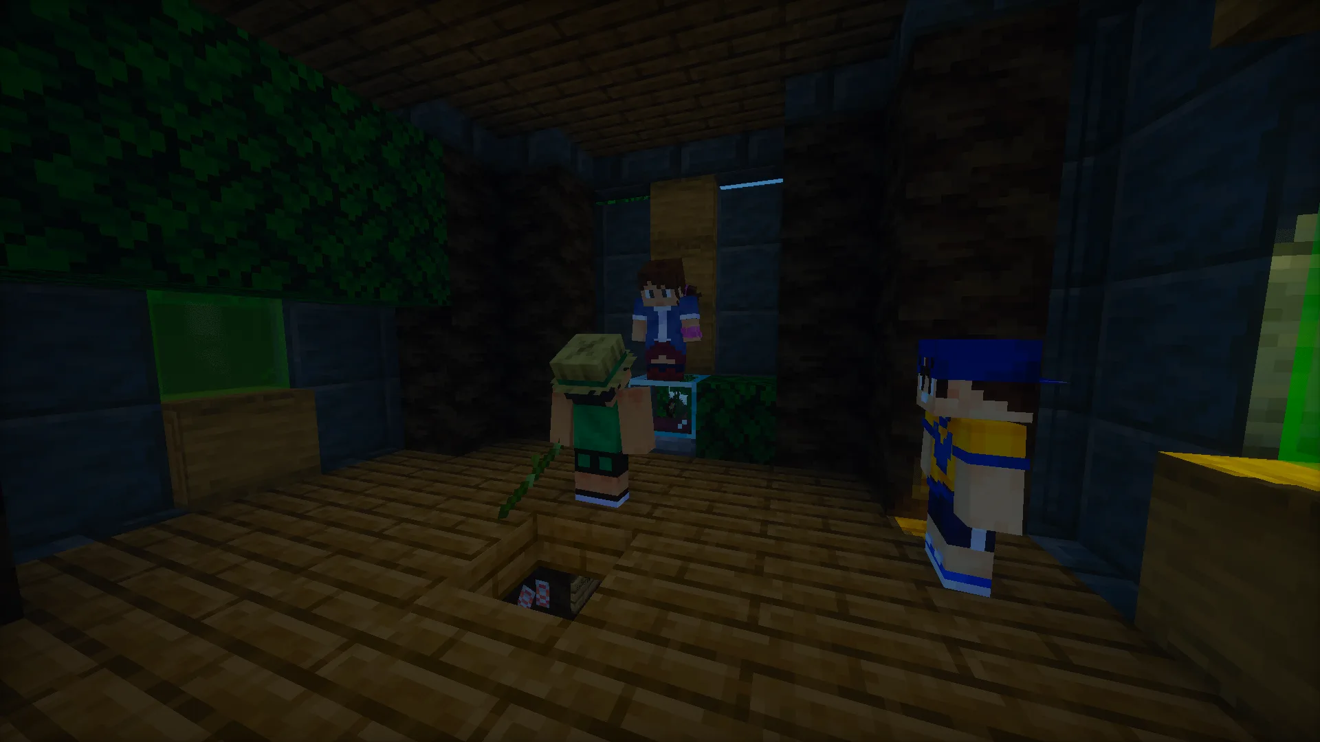 Игроки Minecraft с покемонами отдыхают рядом с Боевой башней в проекте Cobblemon: Fierce Competition.