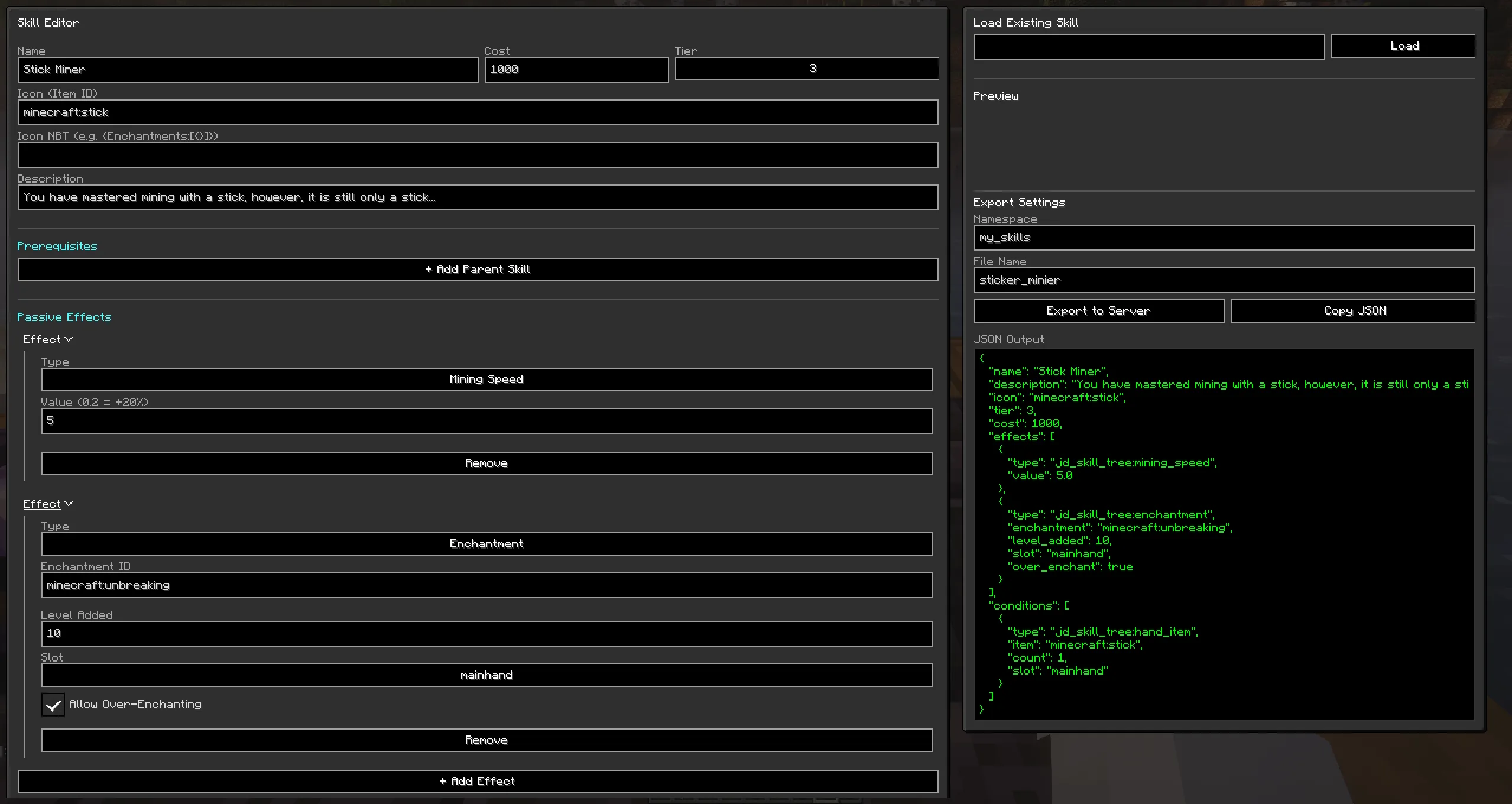 Окно редактора навыков в Minecraft для создания пользовательских способностей.
