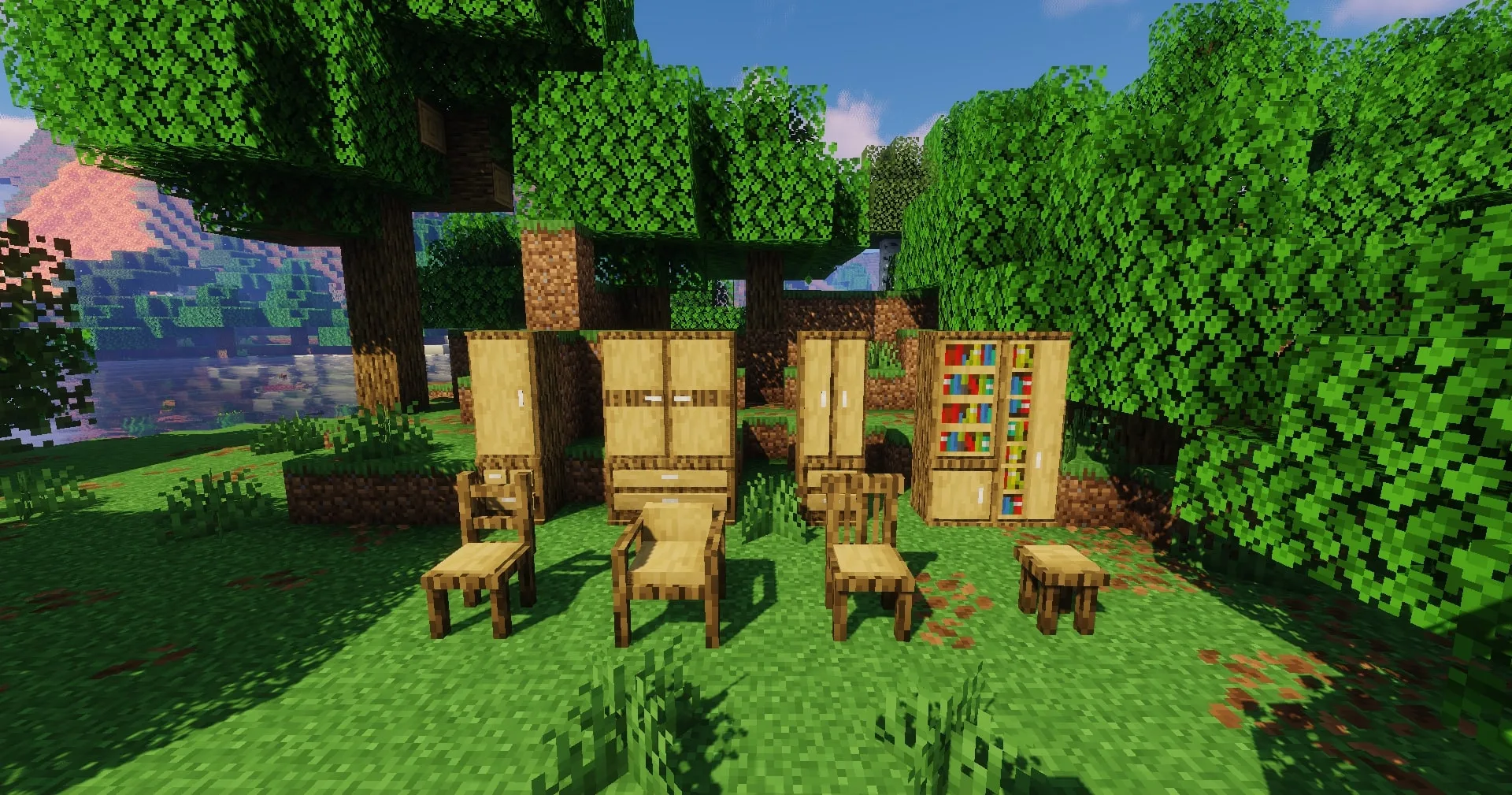 Декоративная мебель из мода Macaw's Furniture в Minecraft.