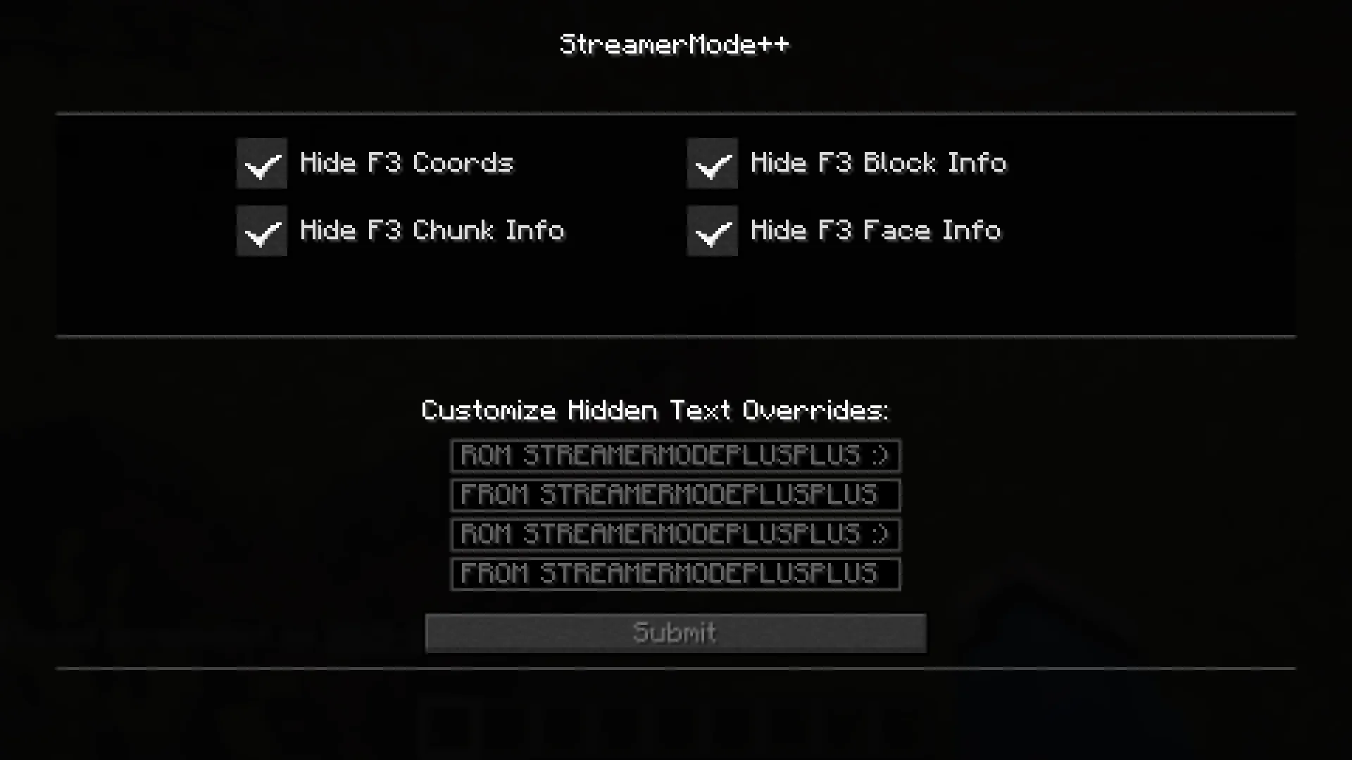 Меню настроек мода StreamerMode++ в первой версии
