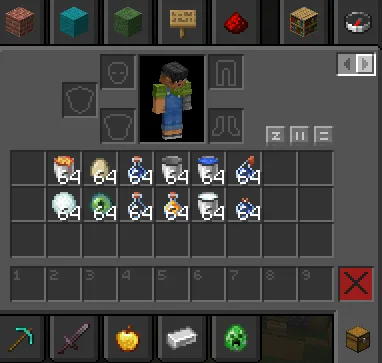 Интерфейс инвентаря Minecraft с измененным количеством предметов в стаках.