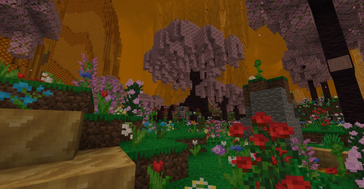 Цветочный луг с гигантскими вишневыми деревьями из мода The Bumblezone.
