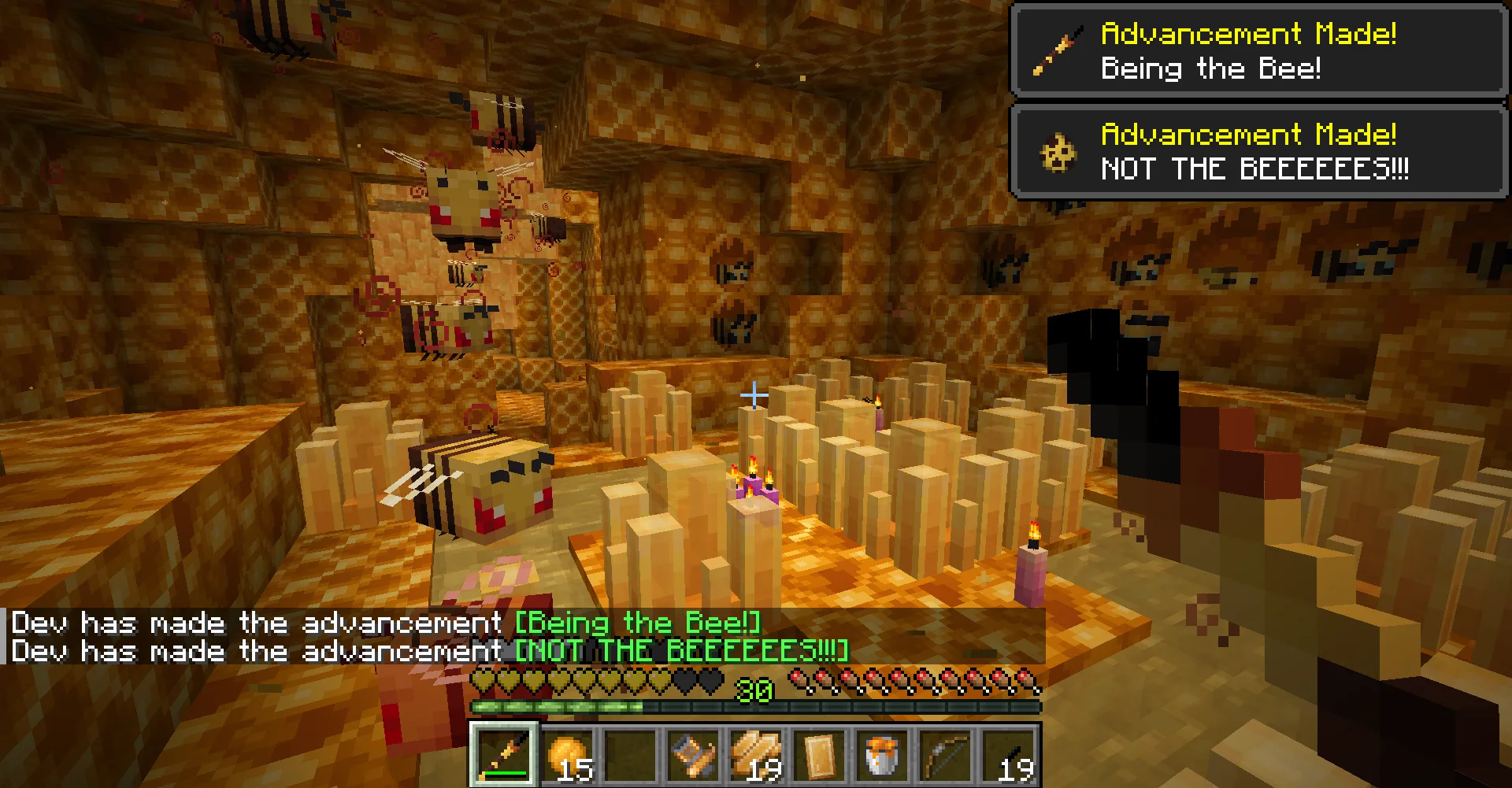 Игрок в окружении разъяренных пчел в измерении The Bumblezone, получивший эффект «Гнев улья».