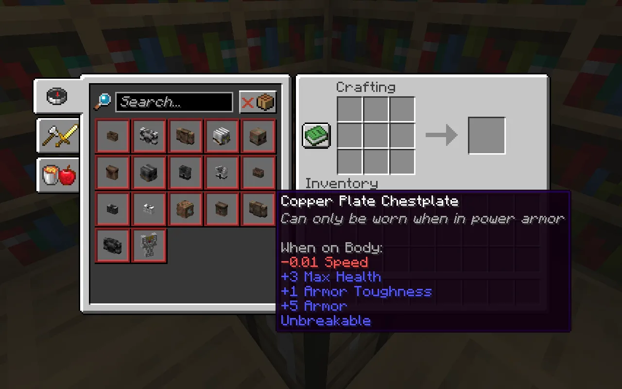 Интерфейс Minecraft с рецептами крафта предметов мода Power Armor в верстаке.