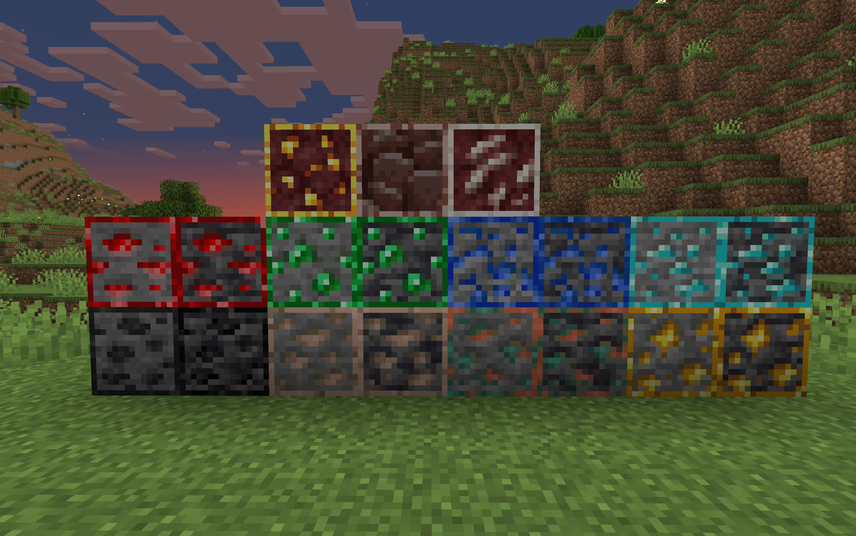 Коллекция всех руд Minecraft с выделенными контурами текстур.