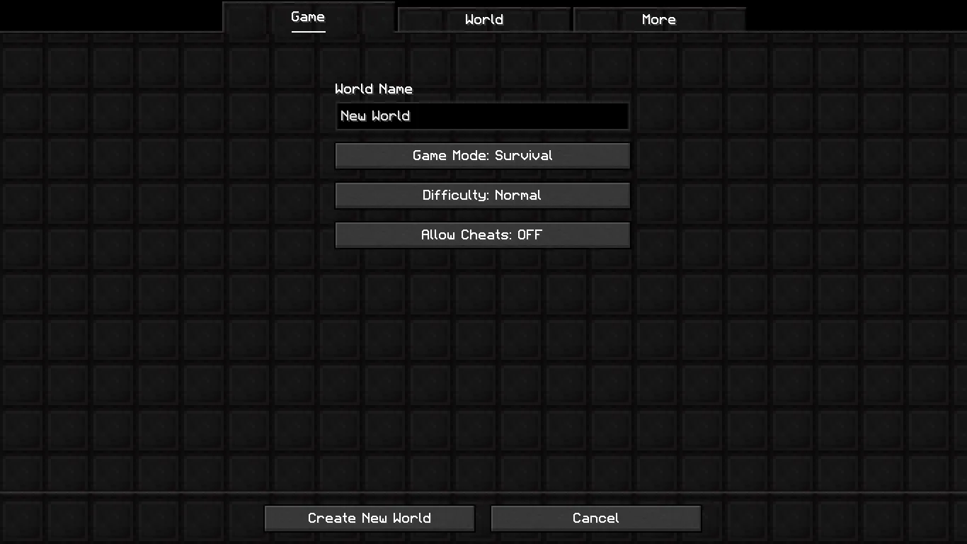 Экран создания мира с тёмной темой в ресурс-паке Versatility