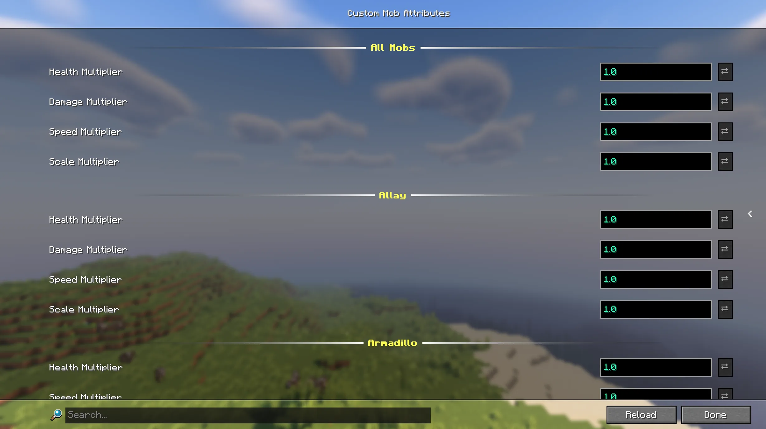 Меню конфигурации мода Custom Mob Attributes в Mod Menu.