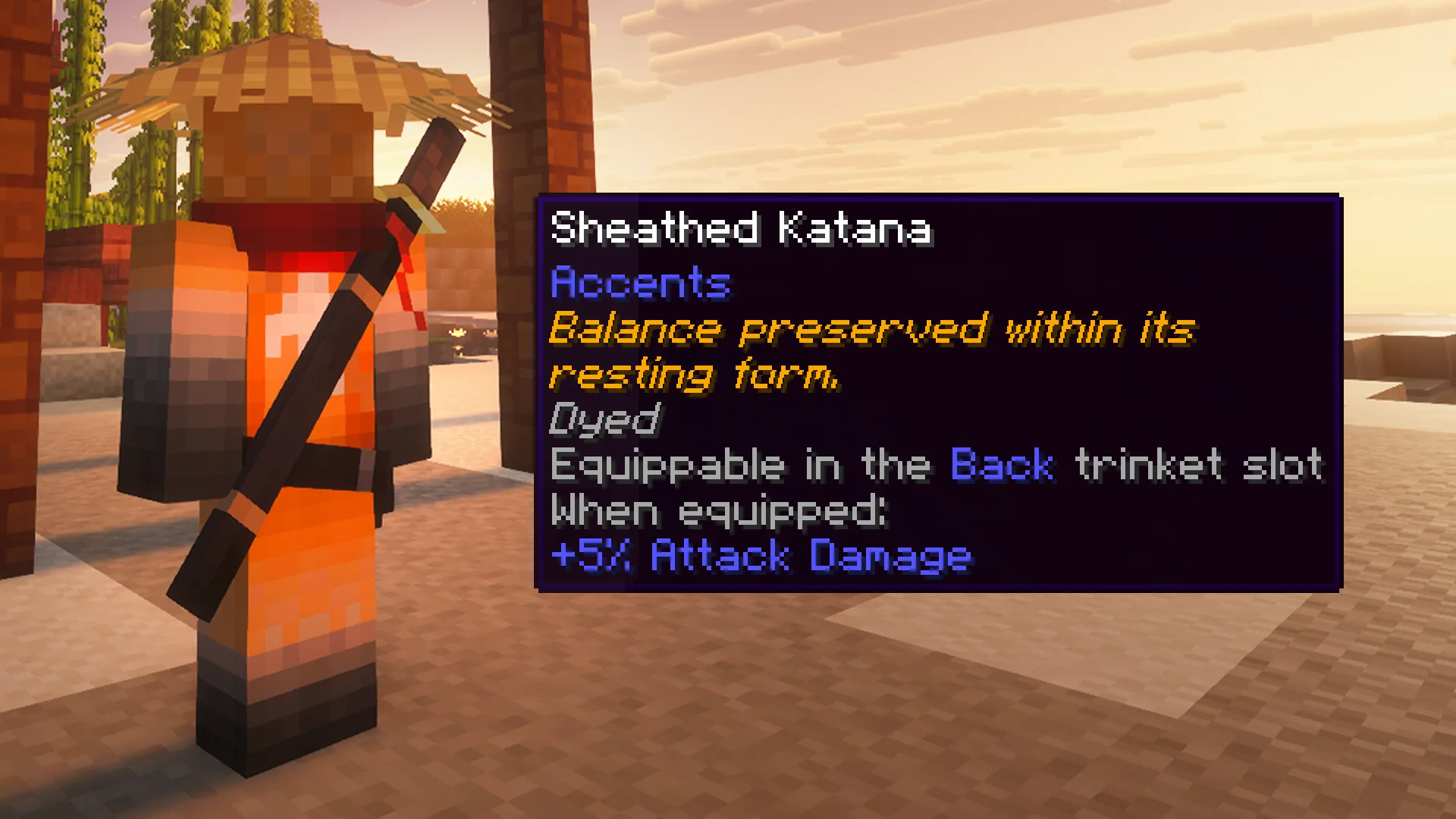 Интерфейс мода Accents с демонстрацией поддержки слотов Curios API и Trinkets для аксессуаров.