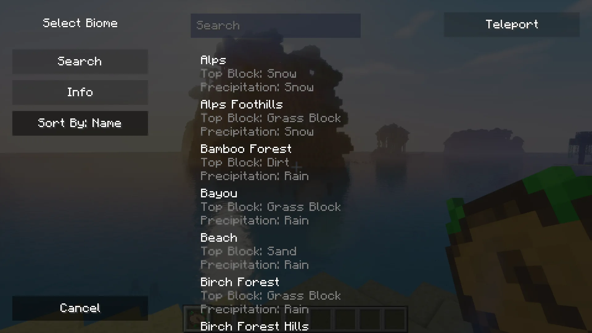 Интерфейс выбора биома в моде Nature's Compass.