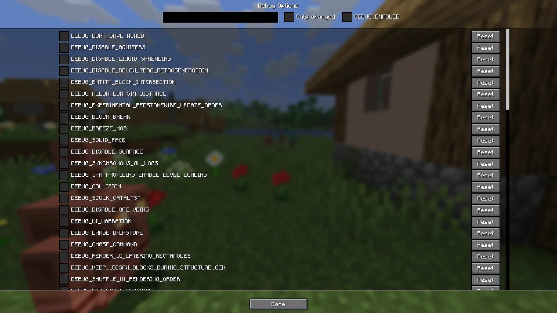 Меню настроек мода Debug Options в игре.