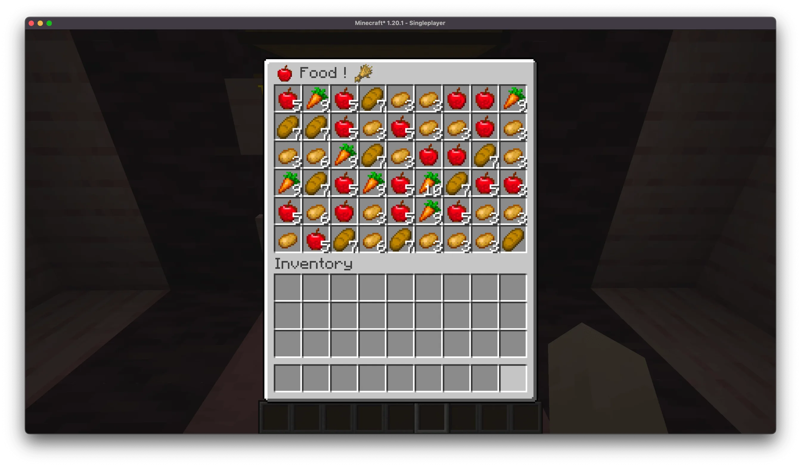 Интерфейс Minecraft с отображением названия сундука «Food Chest» через мод Inline.