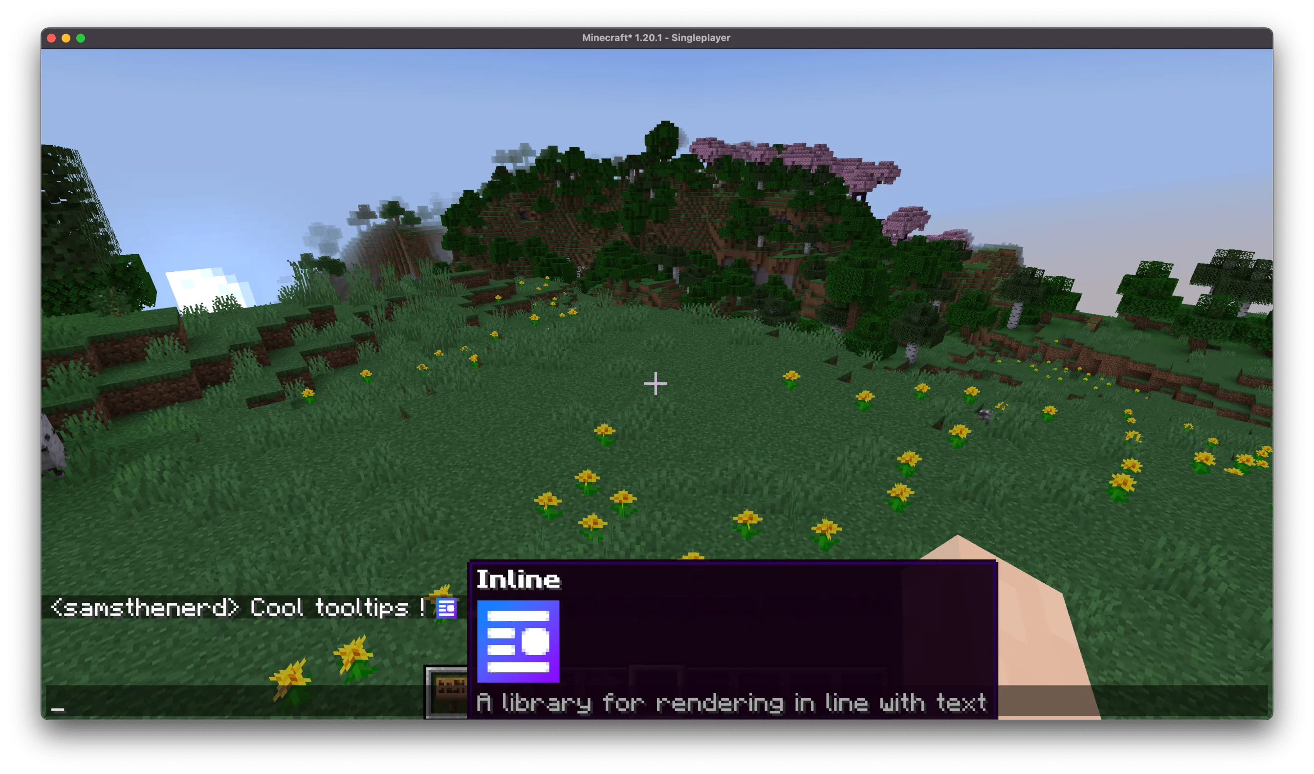 Всплывающая подсказка с информацией о моде Inline в чате Minecraft.