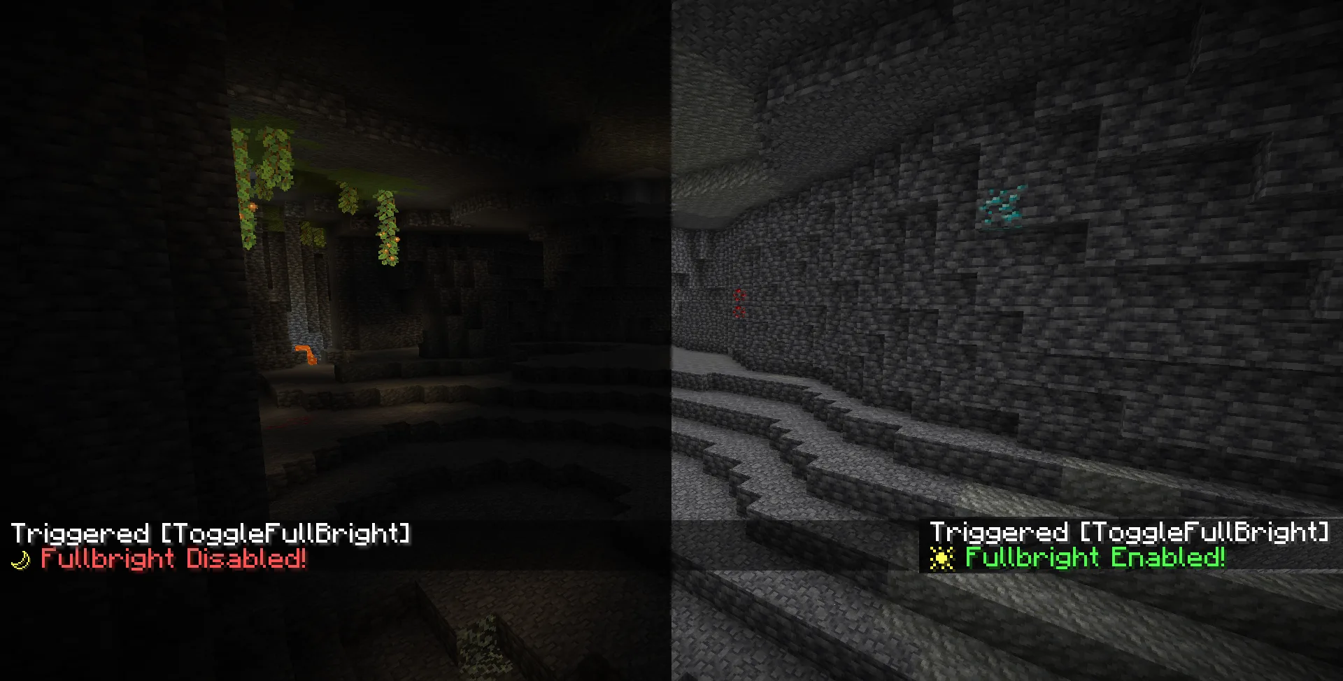 Сравнение графики Minecraft с модом Fullbright и без него.