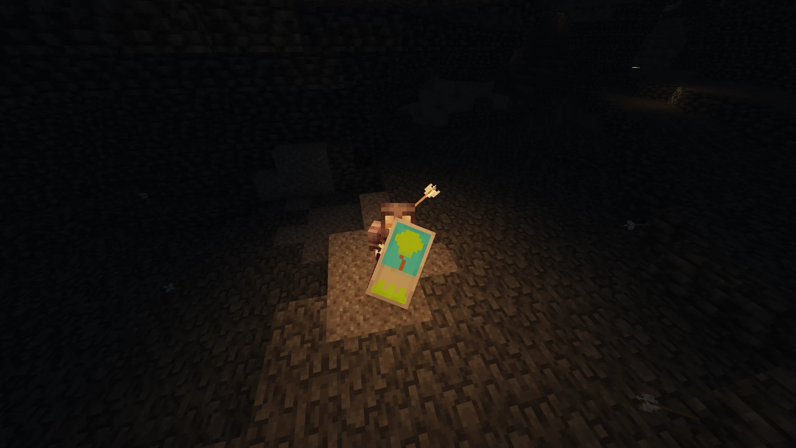 Вид от третьего лица на светящийся щит Glow Shield в пещере