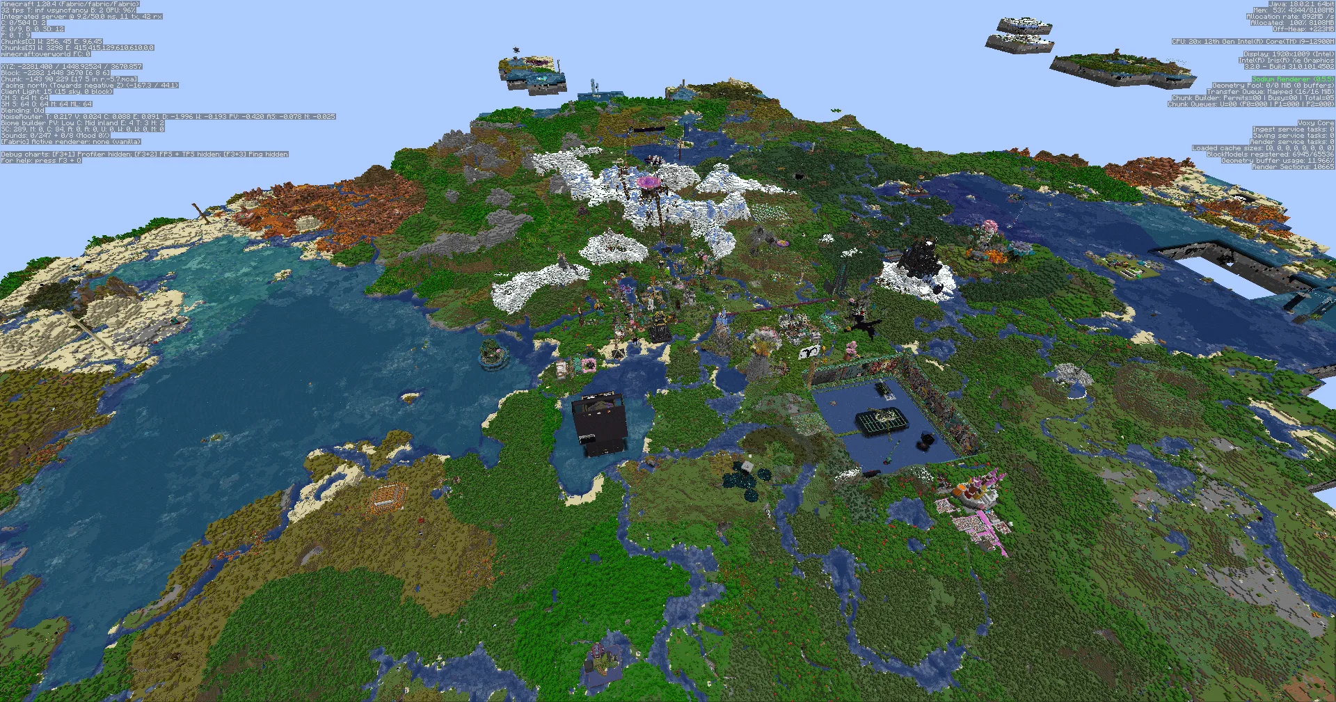 Рендеринг мира Hermitcraft S9 на видеокарте Intel Iris Xe в разрешении 1080p при 30 FPS.