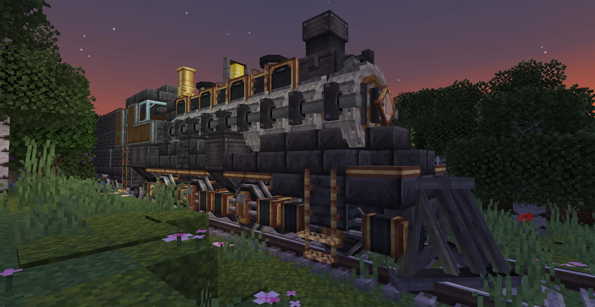 Поезд, построенный с использованием блоков Bogey Step и Train Pilot из мода Create: Bells & Whistles.