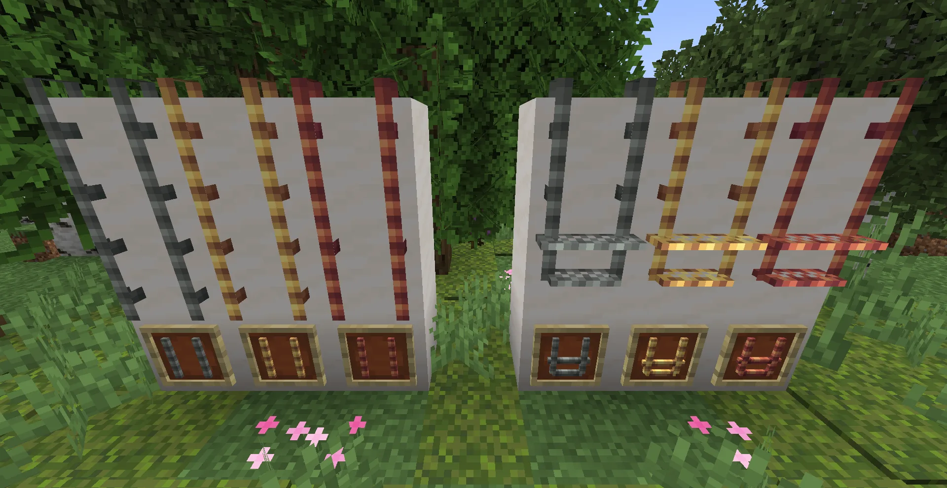 Демонстрация андезитовых, латунных и медных поручней и подножек для вагонеток из мода Create: Bells & Whistles.