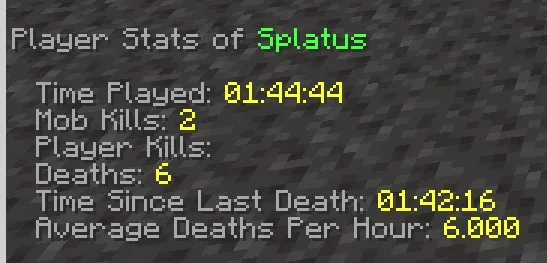 Интерфейс Minecraft с отображением статистики игрока через команду /trigger stats.