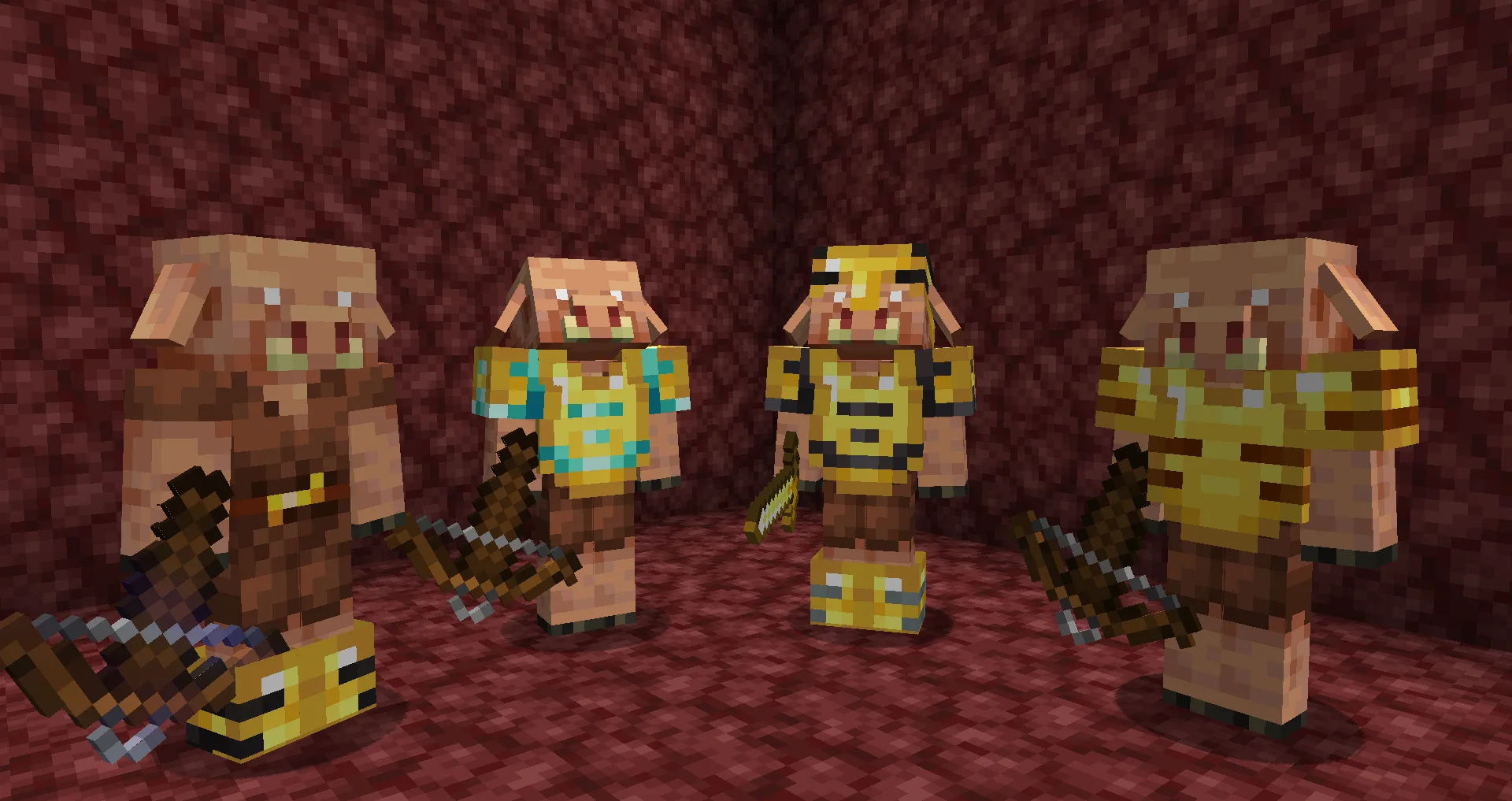 Пиглины в Minecraft с доспехами, украшенными узорами кузнечных шаблонов.