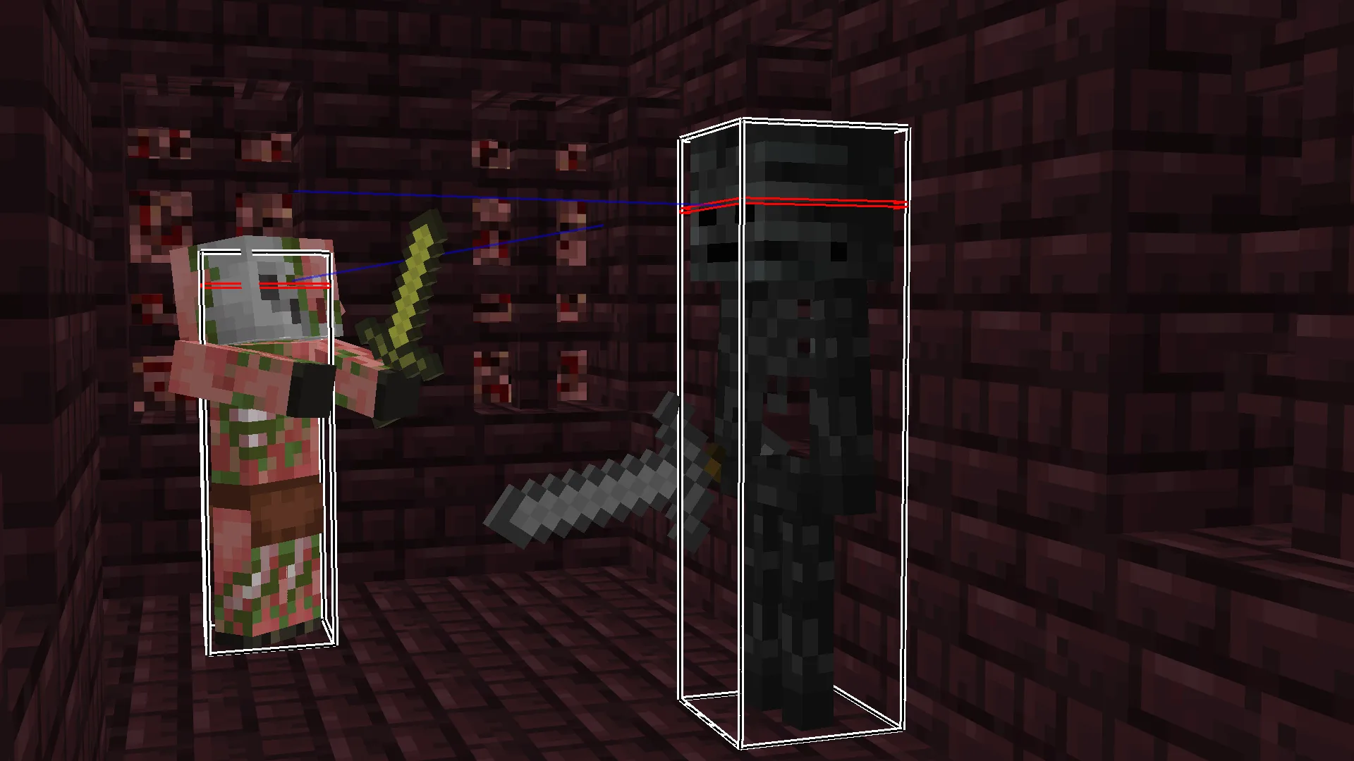 Скриншот мода Combat Hitboxes: визуализация направления взгляда красной линией и белым контуром хитбокса.