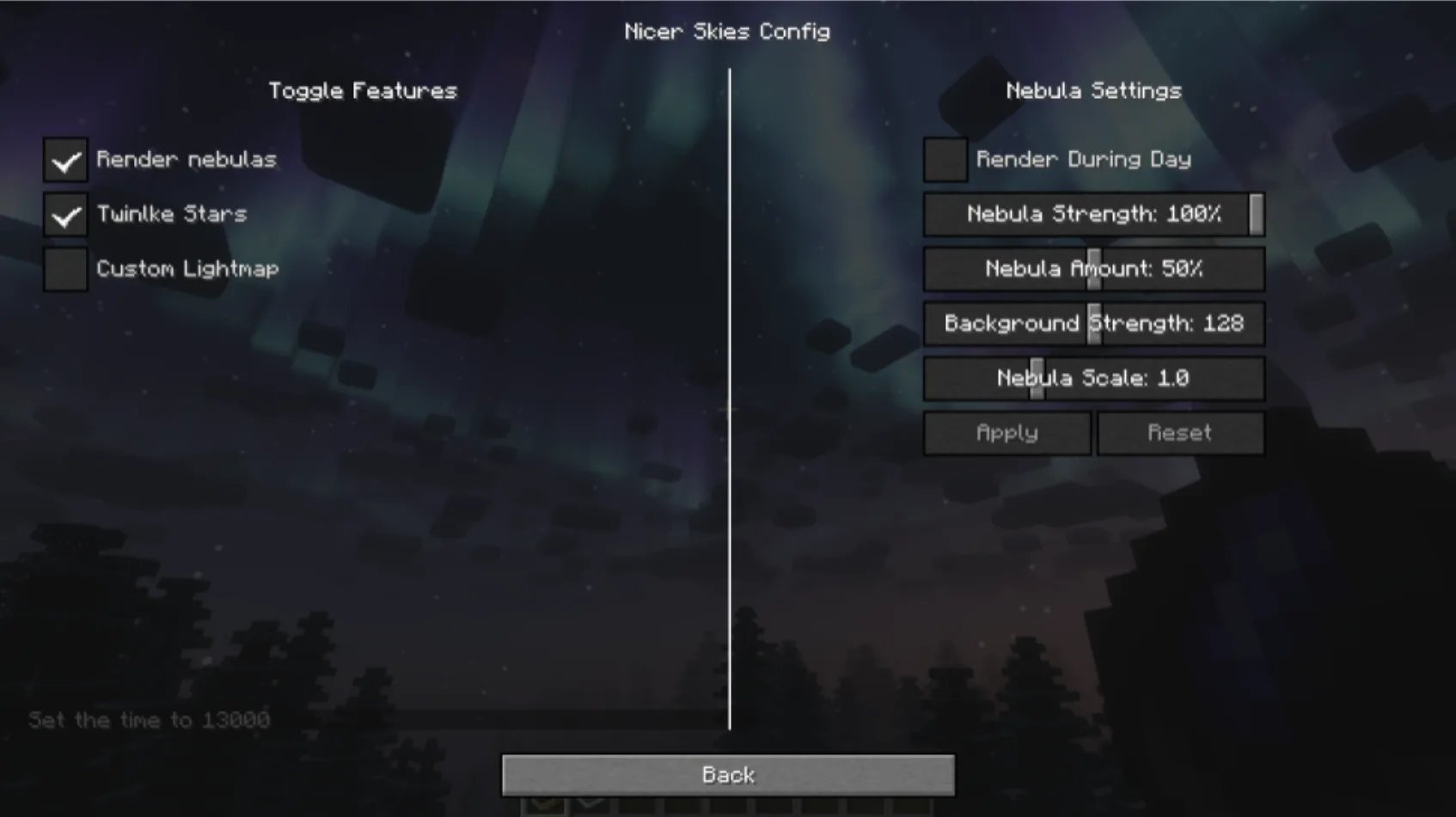 Меню настроек мода Nicer Skies с переключателями функций.