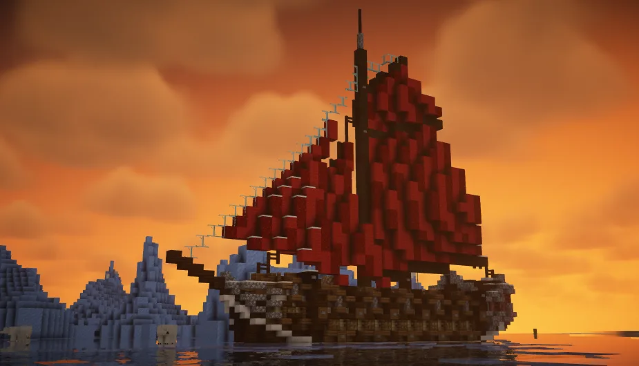 Красный космический корабль из Minecraft.