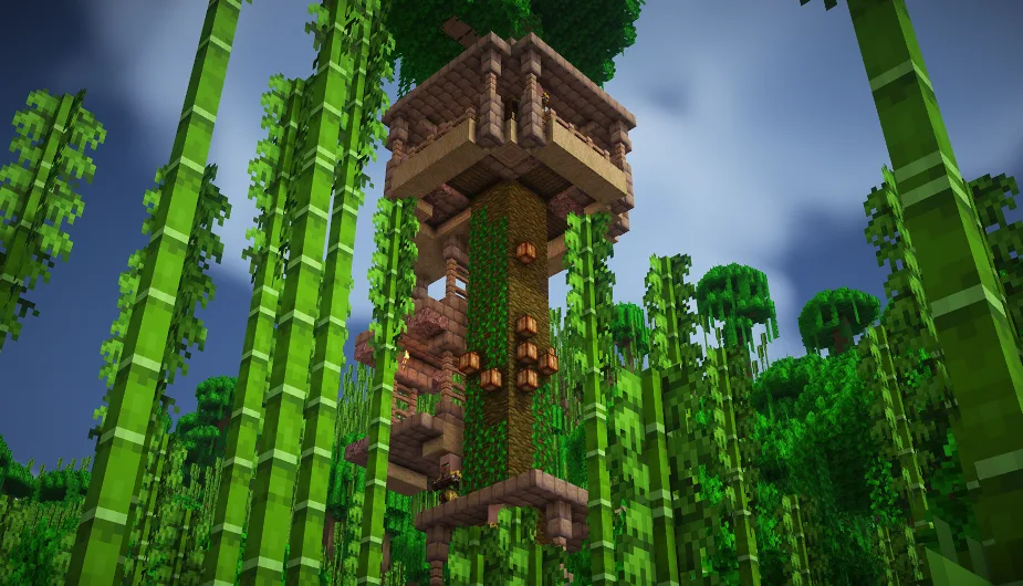 Деревянный дом на дереве в джунглях Minecraft.