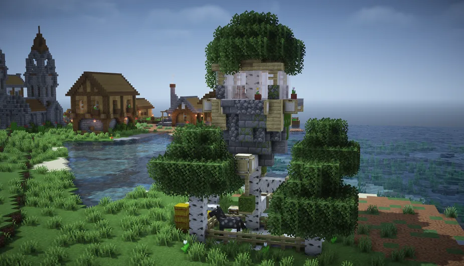 Деревянная крепость из березовых блоков в Minecraft.