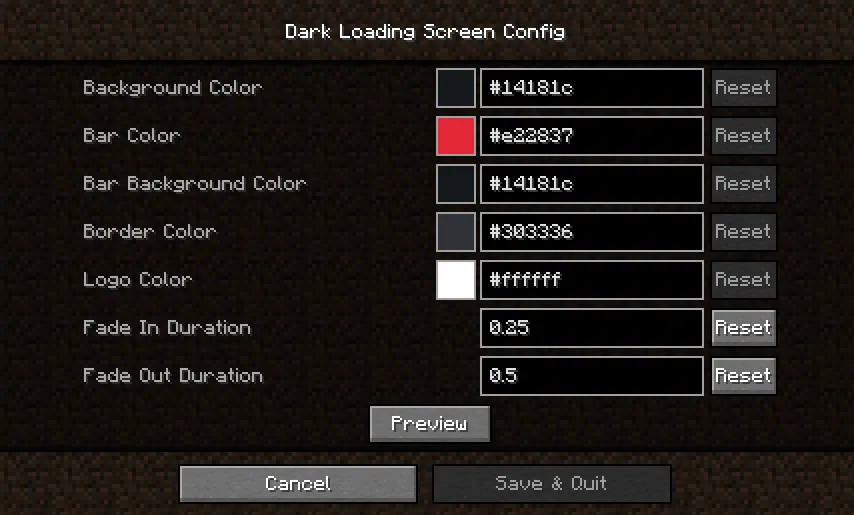 Экран конфигурации мода Dark Loading Screen.