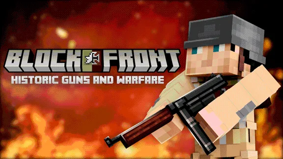 Логотип BlockFront рядом с персонажем Minecraft в образе американского солдата с автоматом Томпсона.