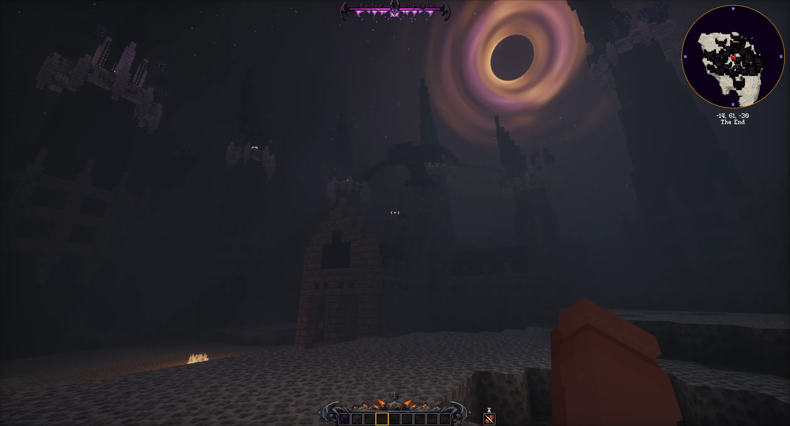 Скриншот геймплея в измерении Энд с шейдерами Hysteria.