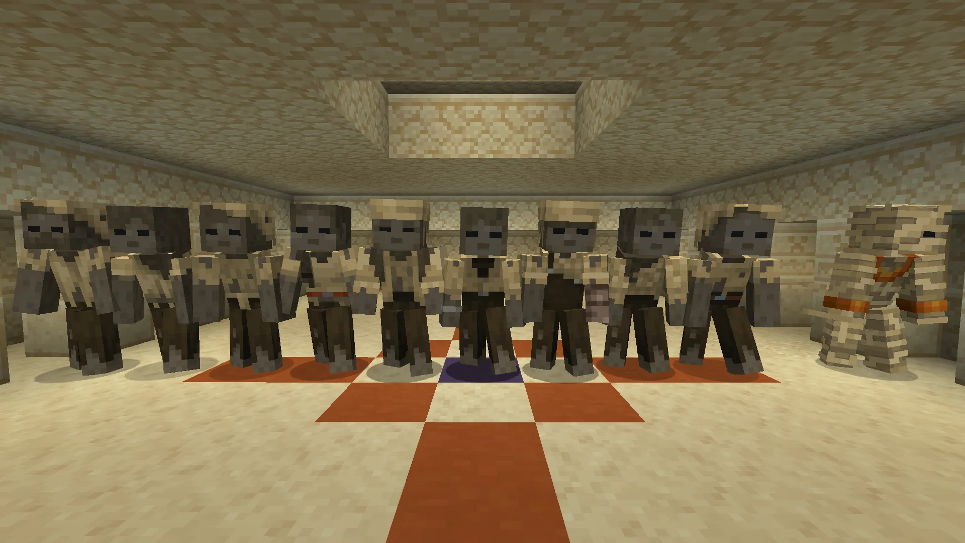 Скриншот игрового процесса Minecraft: зомби-жители пустыни и мумии с текстурами AL's Zombies Revamped и анимациями Fresh Animations.