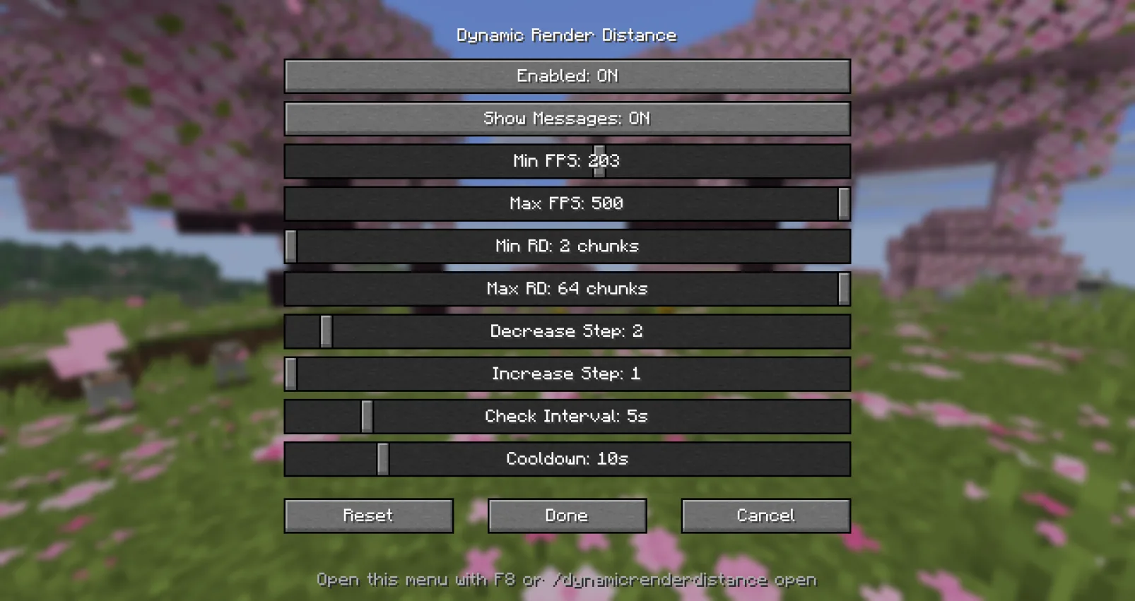 Меню настроек мода DynamicRenderDistance