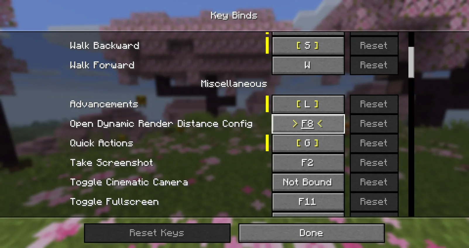 Настройка горячих клавиш мода DynamicRenderDistance
