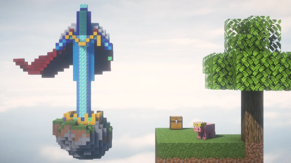 Скайблок-остров с пиксель-арт статуей свиньи Technoblade в короне.