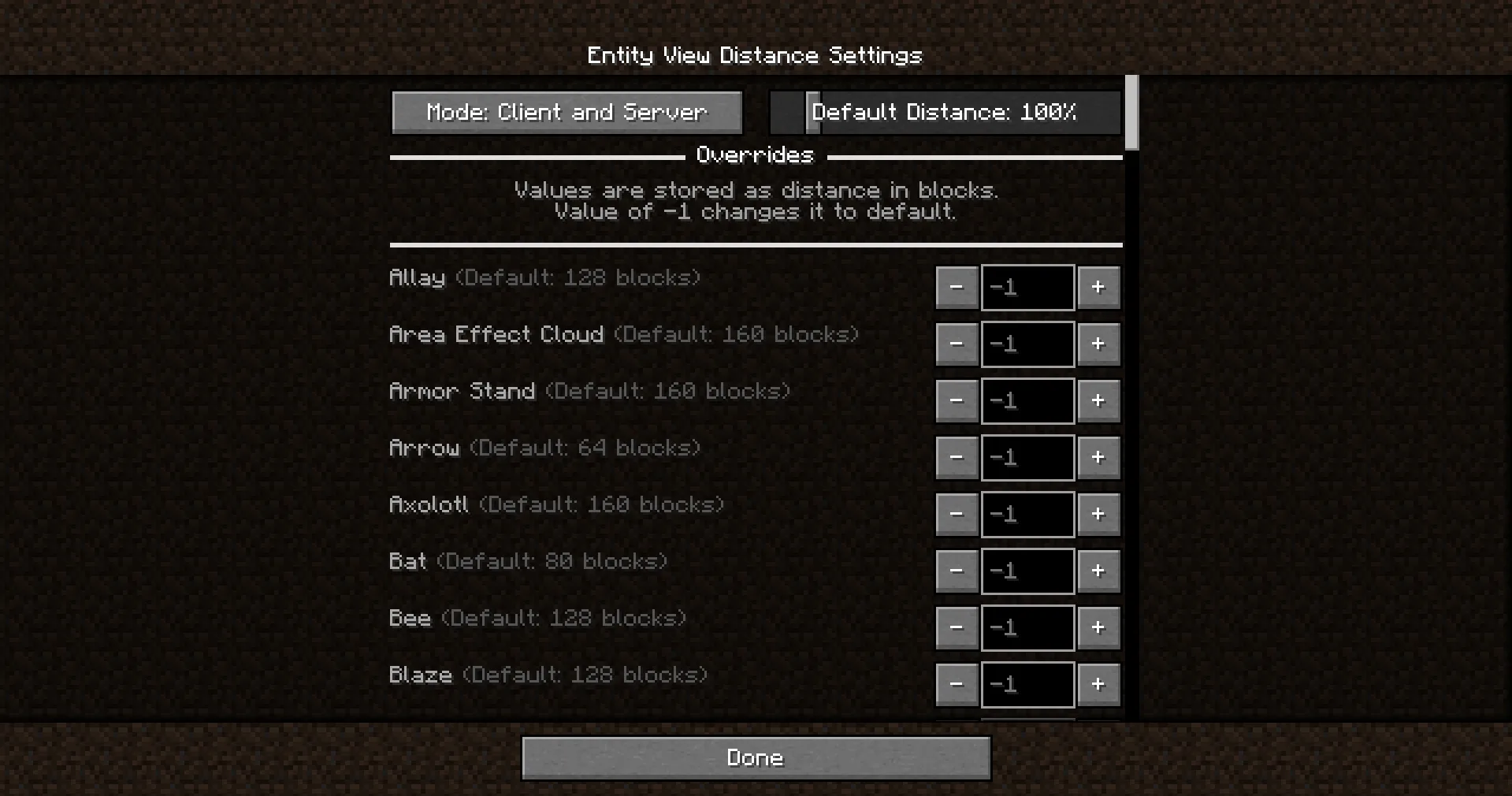 Интерфейс настройки дальности прорисовки сущностей в Minecraft.