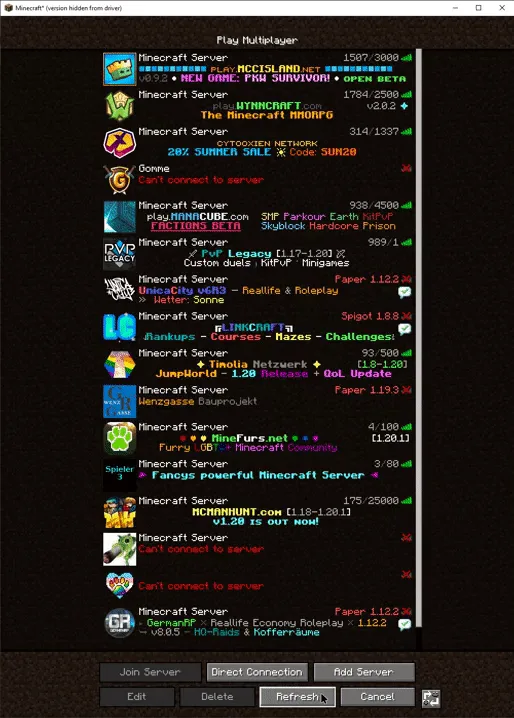 Скриншот ошибки пинга сервера в Minecraft до установки мода Server Pinger Fixer.