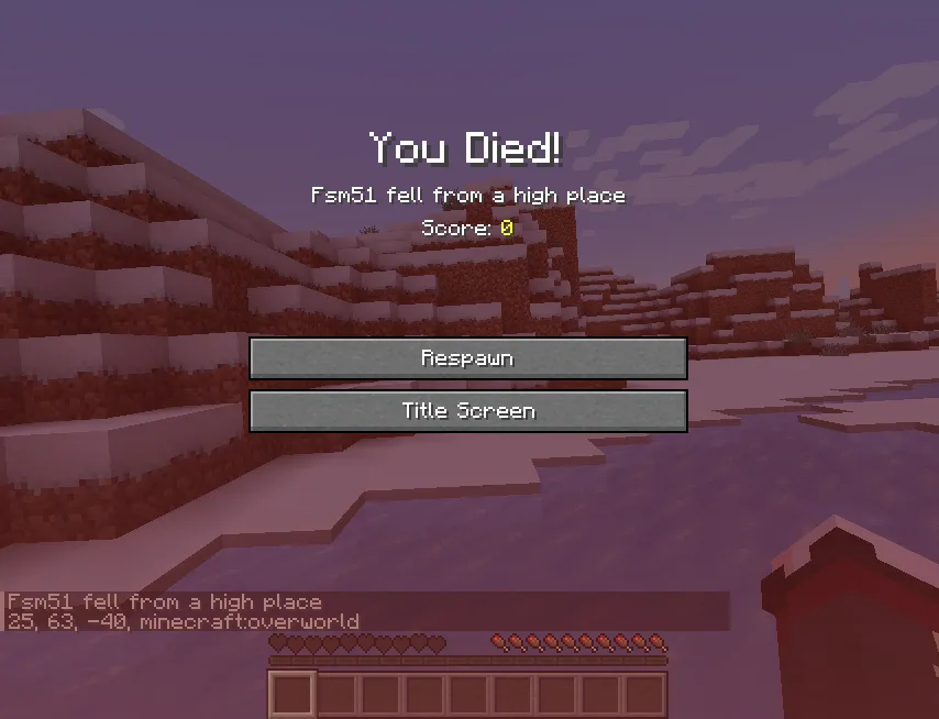 Экран смерти в Minecraft с сообщением в чате, указывающим координаты и измерение места гибели.