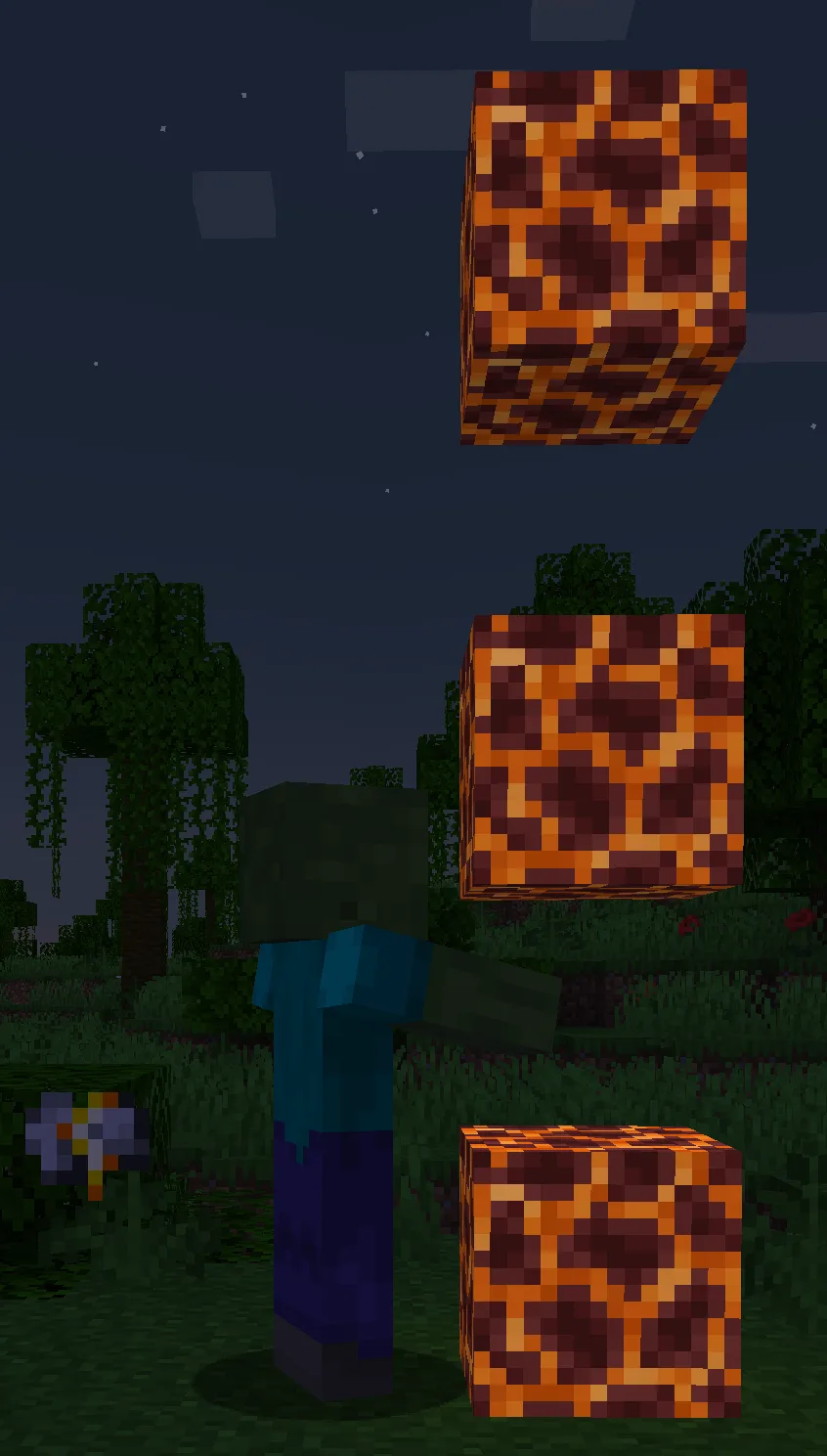 Зомби во время кровавой луны на фоне пятиметровой колонны из магматических блоков.