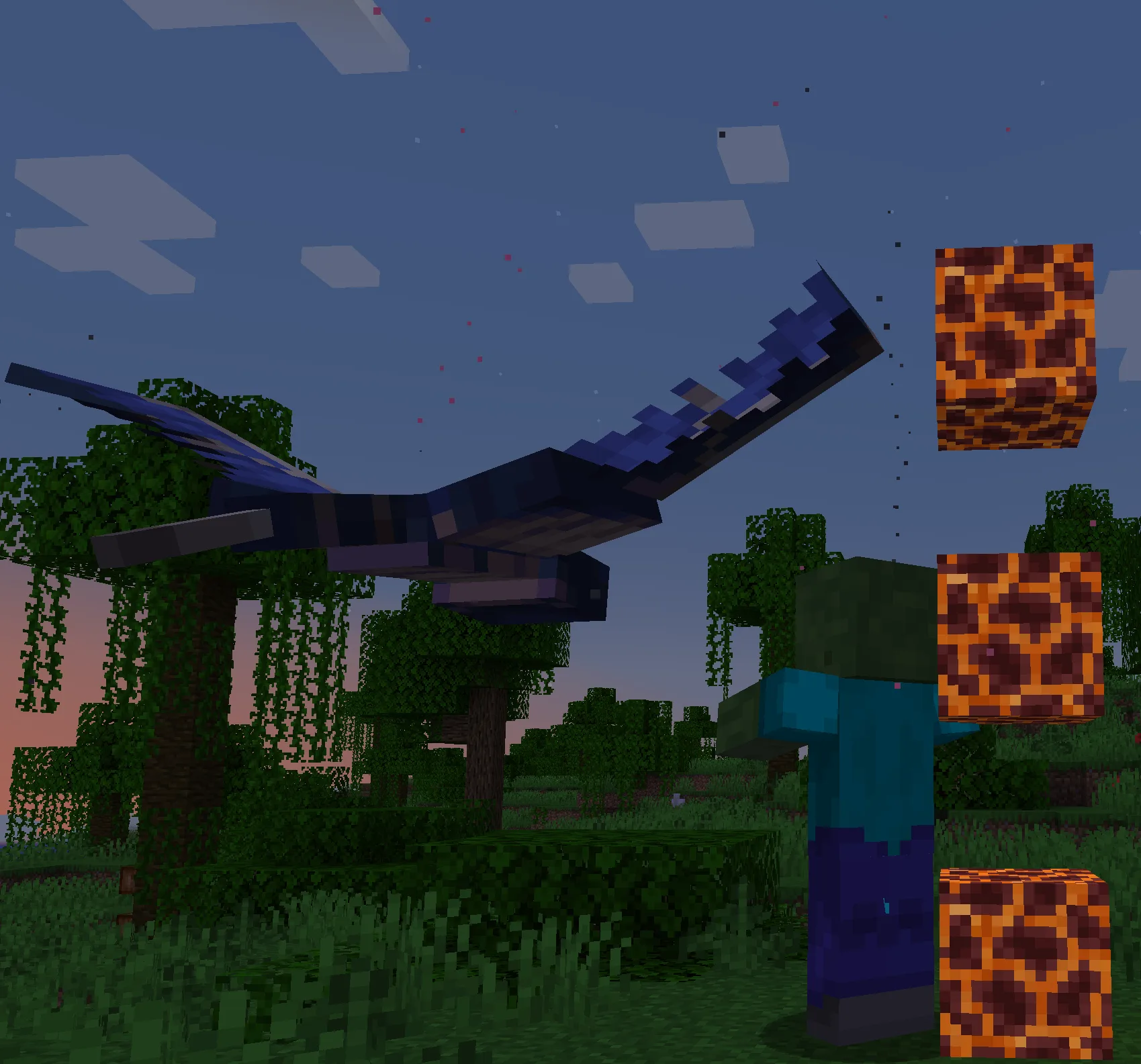 Зомби и фантом на фоне суперлуния рядом со столбом из магматических блоков в Minecraft.